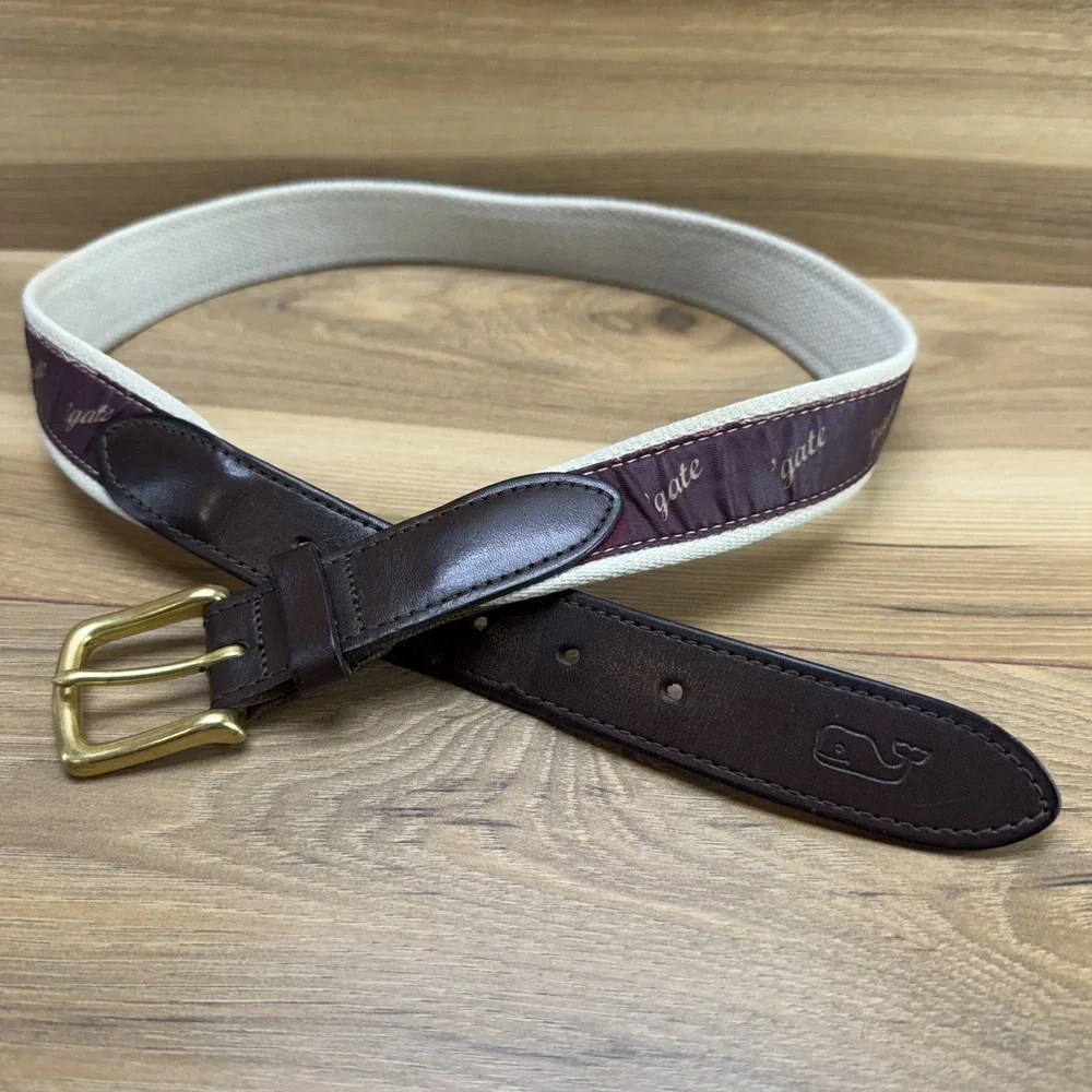 Vineyard Vines Mens 32 'gate‎ Belt Burgundy Brown Leather Trim